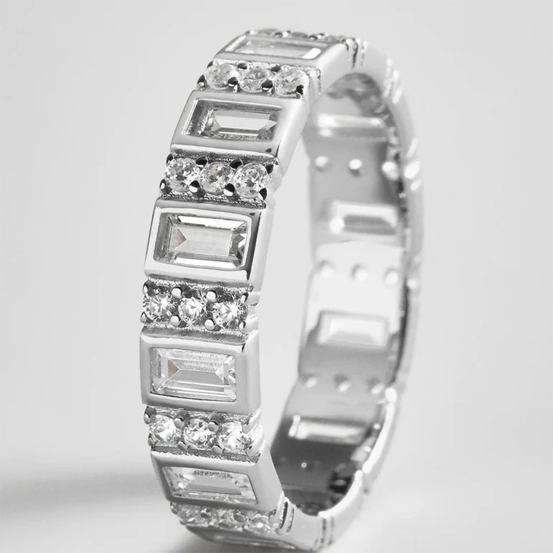 Round Cut/Emerald Cut Moissanite Wedding Bands In Sterling Silver