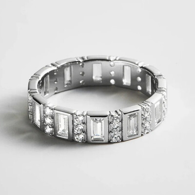 Round Cut/Emerald Cut Moissanite Wedding Bands In Sterling Silver
