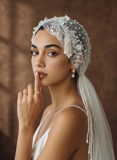 Cut Edge Lace/Beading One-Tier Tulle Fingertip Bridal Veils