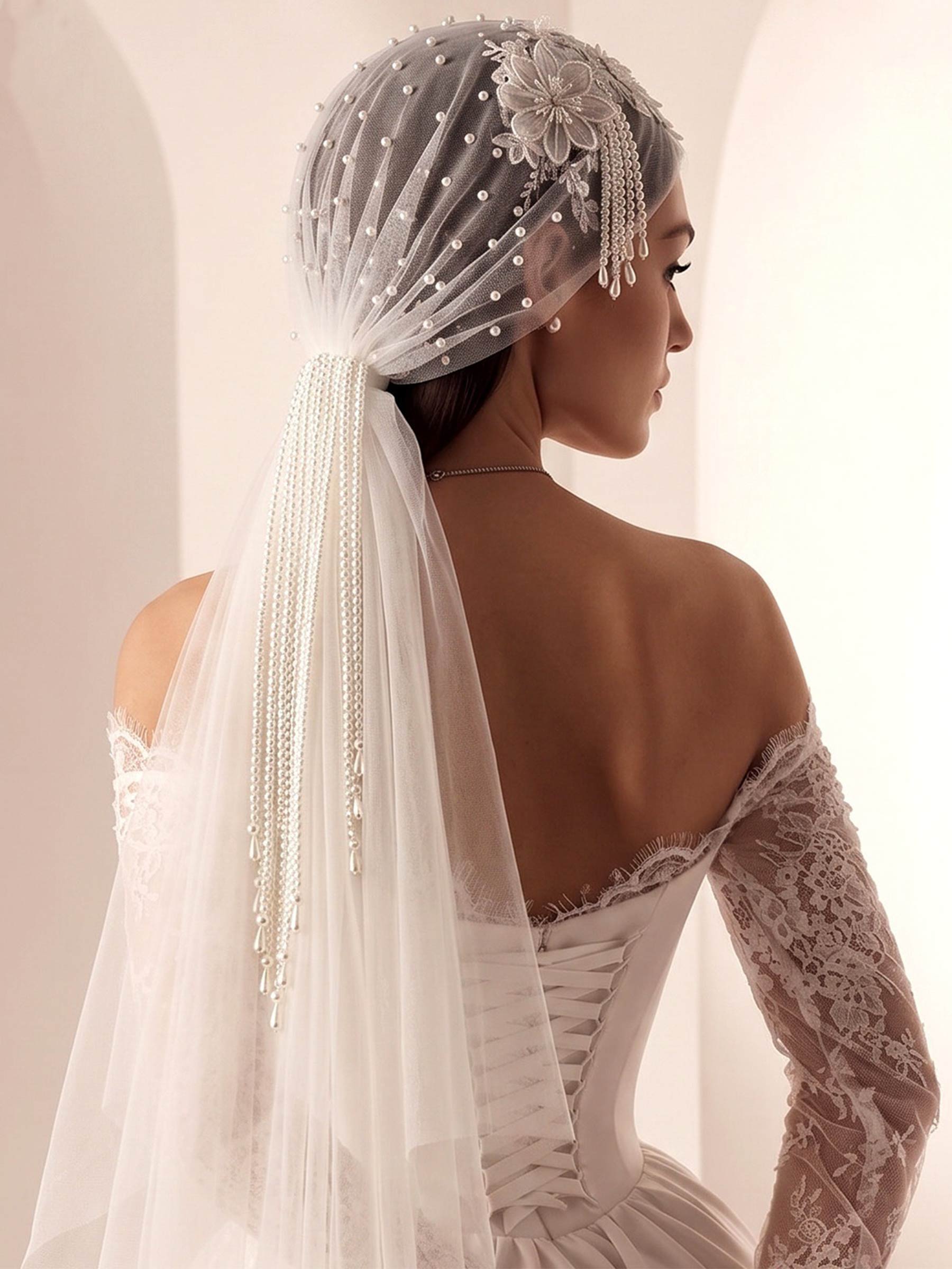 Cut Edge Lace/Beading One-Tier Tulle Fingertip Bridal Veils