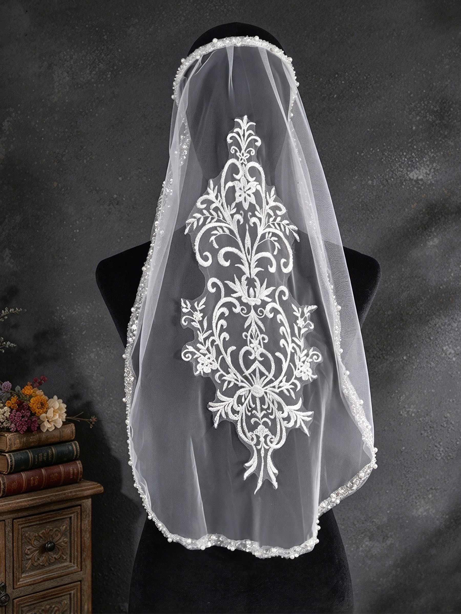 Beaded Edge Rhinestones/Embroidery One-Tier Tulle Fingertip Bridal Veils