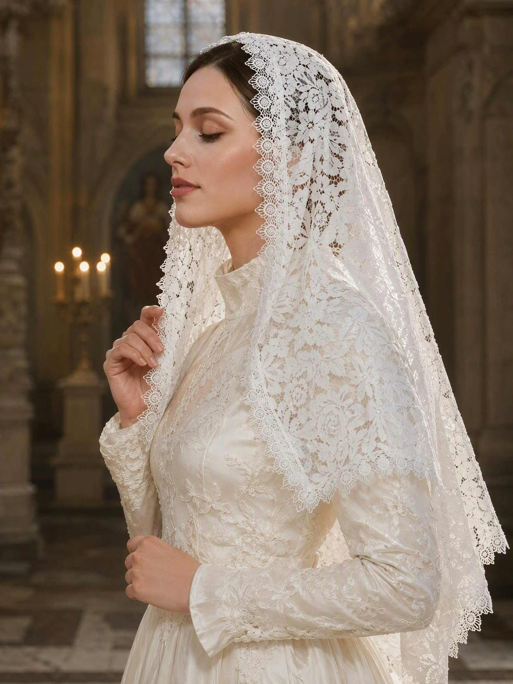 Lace Applique Edge Lace One-Tier Shoulder Veils
