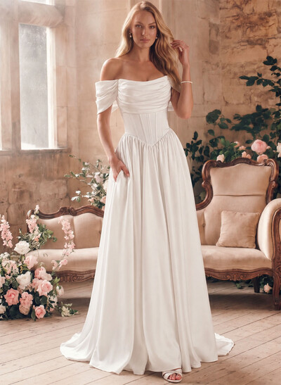 A-Line Bardot Sleeveless Matte Satin Wedding Dress With Sweep Train And Pleat Details