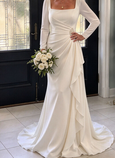 Column/Sheath Square Neck Long Sleeve Sweep Train Stretch Satin Wedding Dress With Ruffles And Diamantés