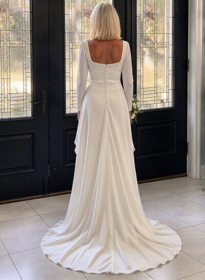 Column/Sheath Square Neck Long Sleeve Sweep Train Stretch Satin Wedding Dress With Ruffles And Diamantés