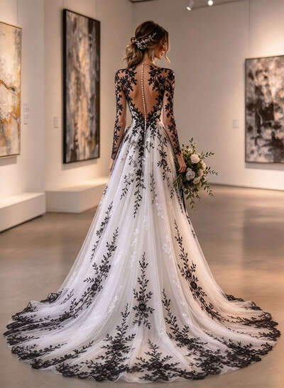 Jumpsuit/Pantsuit Plunge Neck Long Sleeves Court Train Tulle/Elastic Satin Wedding Dresses With Appliques Lace