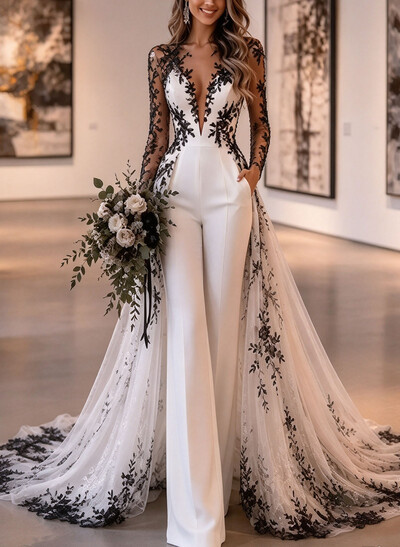 Jumpsuit/Pantsuit Plunge Neck Long Sleeves Court Train Tulle/Elastic Satin Wedding Dresses With Appliques Lace