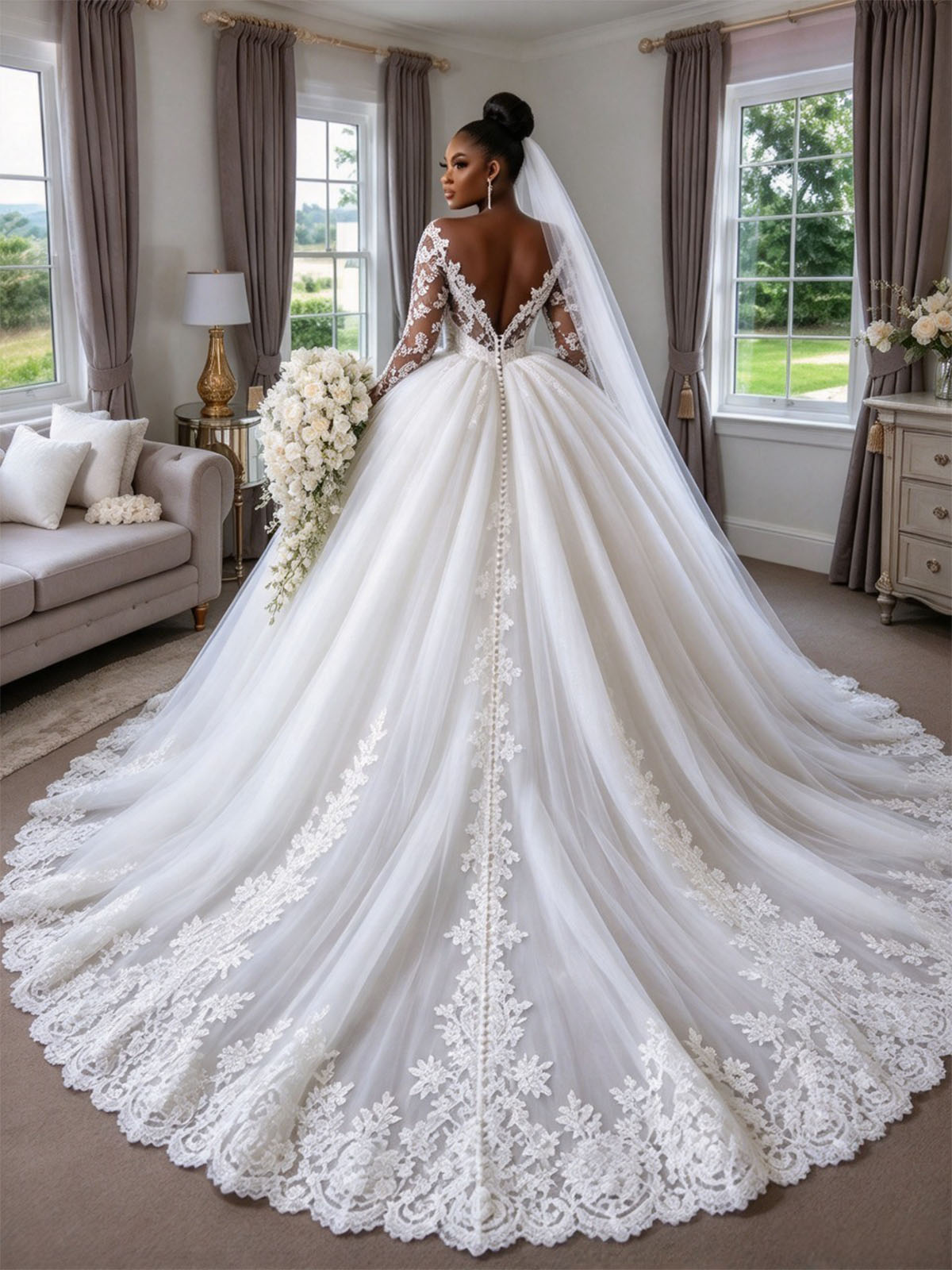 Ballgown Sweetheart Long Sleeve Chapel Train Satin And Tulle Wedding Dress With Lace Appliqués