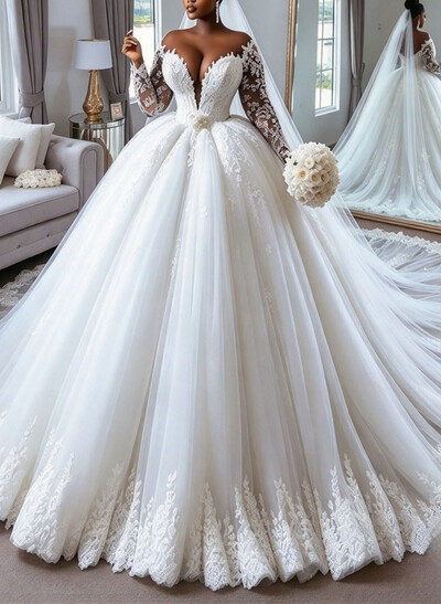 Ballgown Sweetheart Long Sleeve Chapel Train Satin And Tulle Wedding Dress With Lace Appliqués