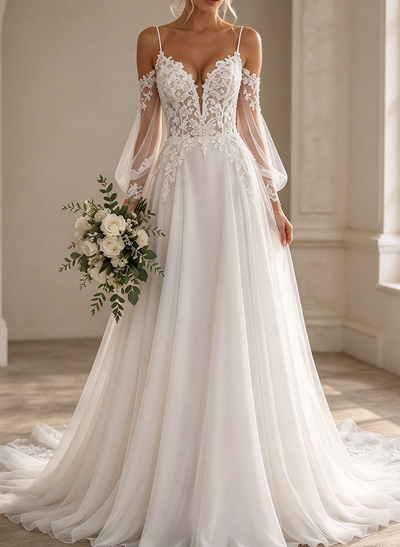 A-Line Plunge Neck Long Sleeve Court Train Chiffon And Tulle Wedding Dress With Lace Appliqués