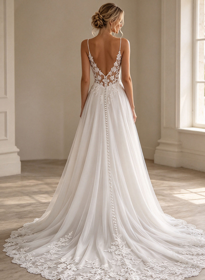 A-Line Plunge Neck Long Sleeve Court Train Chiffon And Tulle Wedding Dress With Lace Appliqués