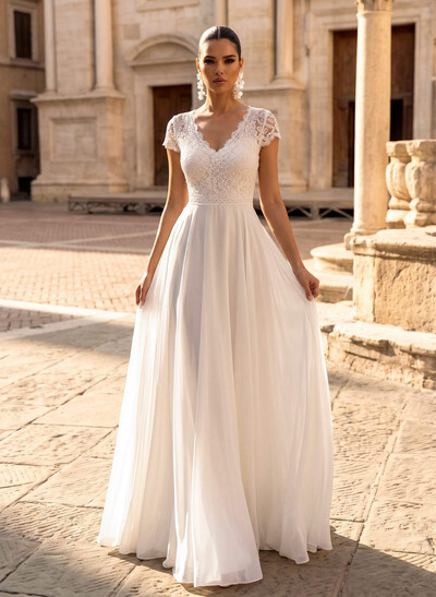 A-Line V-Neck Short Sleeves Floor-Length Chiffon/Lace Wedding Dresses With Lace