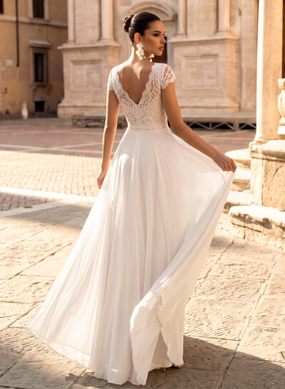 A-Line V-Neck Short Sleeves Floor-Length Chiffon/Lace Wedding Dresses With Lace