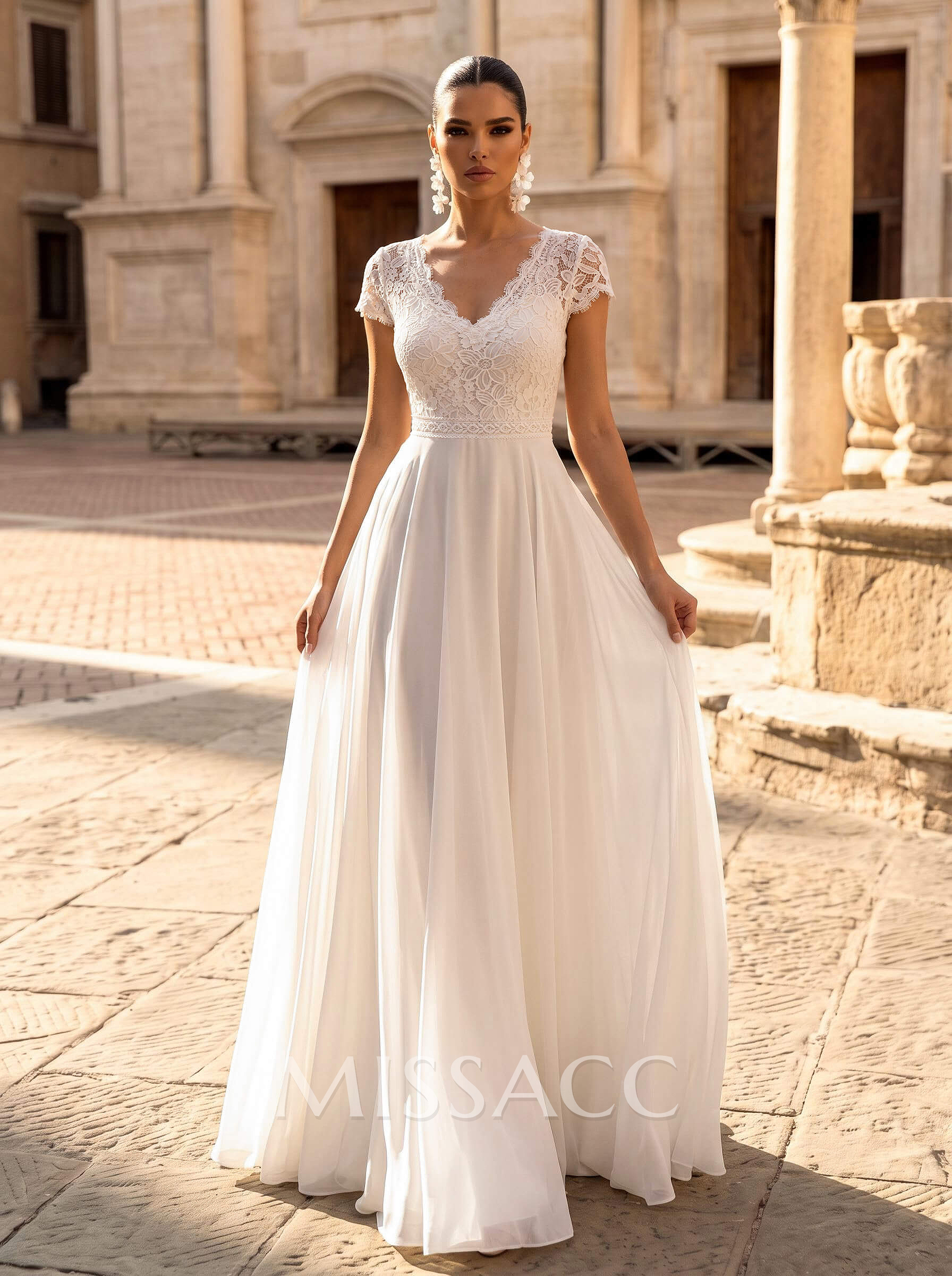A-Line V-Neck Short Sleeves Floor-Length Chiffon/Lace Wedding Dresses With Lace