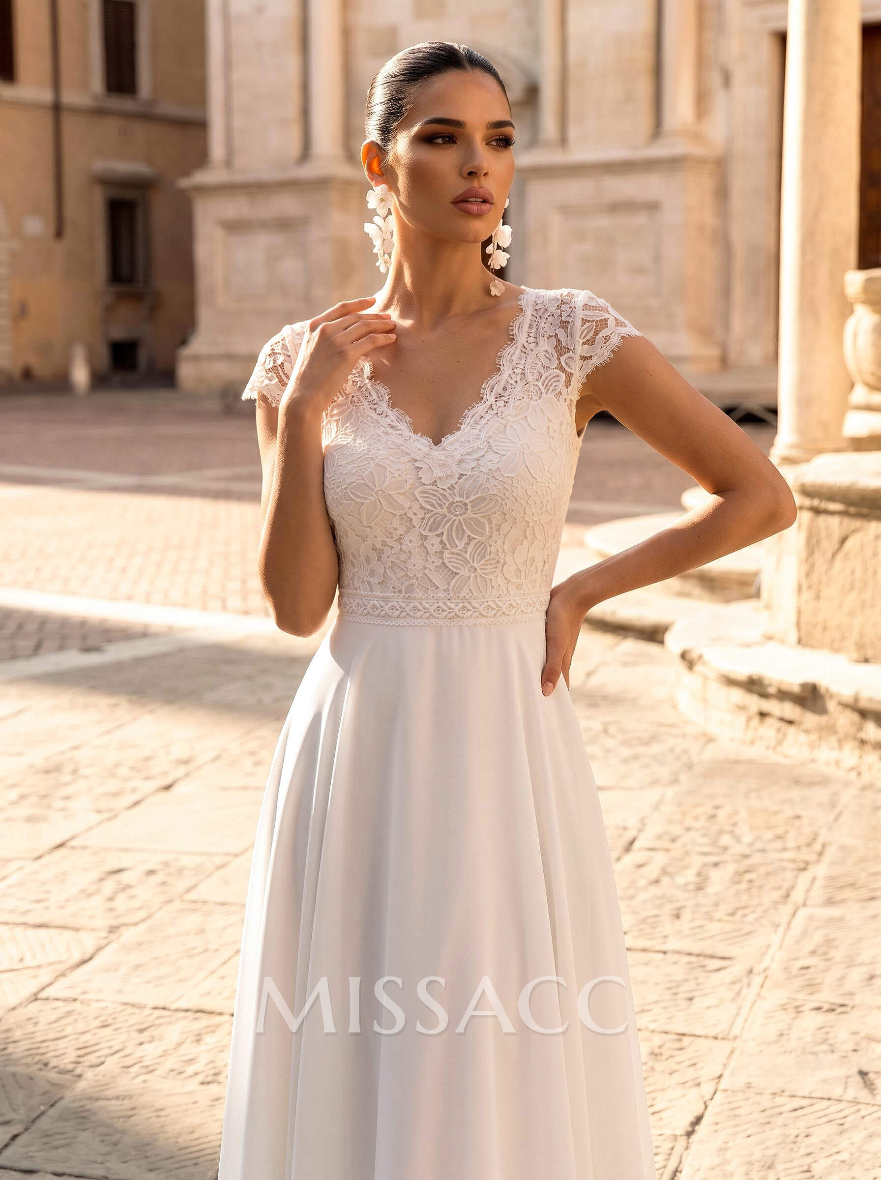 A-Line V-Neck Short Sleeves Floor-Length Chiffon/Lace Wedding Dresses With Lace
