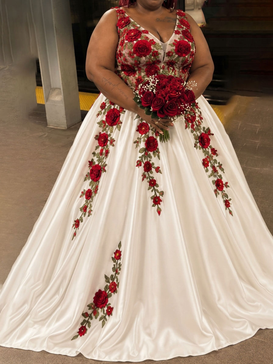 Ballgown Plunge Neck Sleeveless Floor-Length Satin Wedding Dresses With Pockets And Floral Details