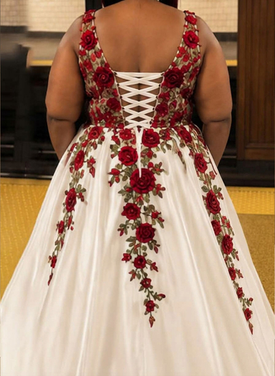 Ballgown Plunge Neck Sleeveless Floor-Length Satin Wedding Dresses With Pockets And Floral Details
