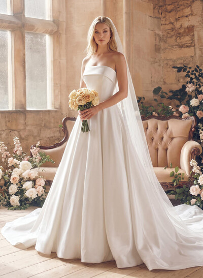 A-Line Strapless Sleeveless Matte Satin Wedding Dresses With Chapel Train
