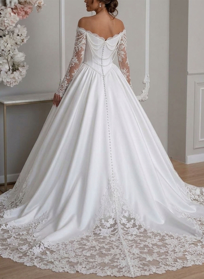 Ball-Gown Sweetheart Long Sleeves Chapel Train Lace/Satin Wedding Dresses With Beading/Appliques Lace