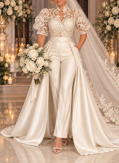 Jumpsuit/Pantsuit V-Neck Short Sleeves Court Train Matte Satin Wedding Dresses With Appliques Lace