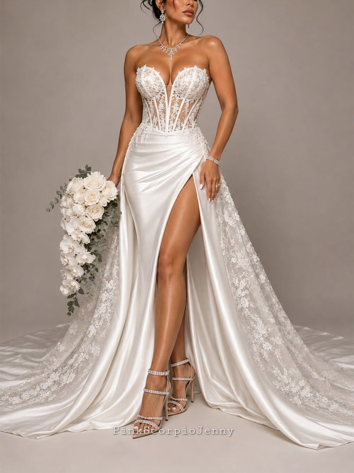 Trumpet/Mermaid Sweetheart Sleeveless Court Train Lace/Matte Satin Wedding Dresses With Appliques Lace/High Split/Overskirt Dress
