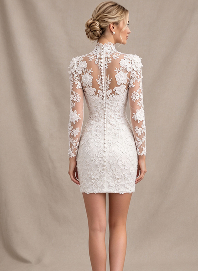 Sheath/Column High Neck Long Sleeves Short/Mini Tulle/Matte Satin Wedding Dresses With Appliques Lace