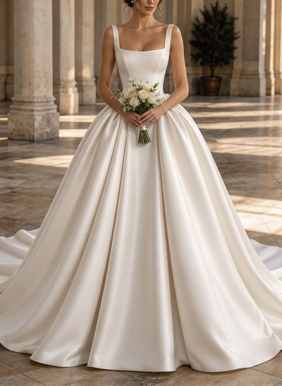 Ball-Gown Square Neckline Sleeveless Chapel Train Wedding Dresses With Pleated