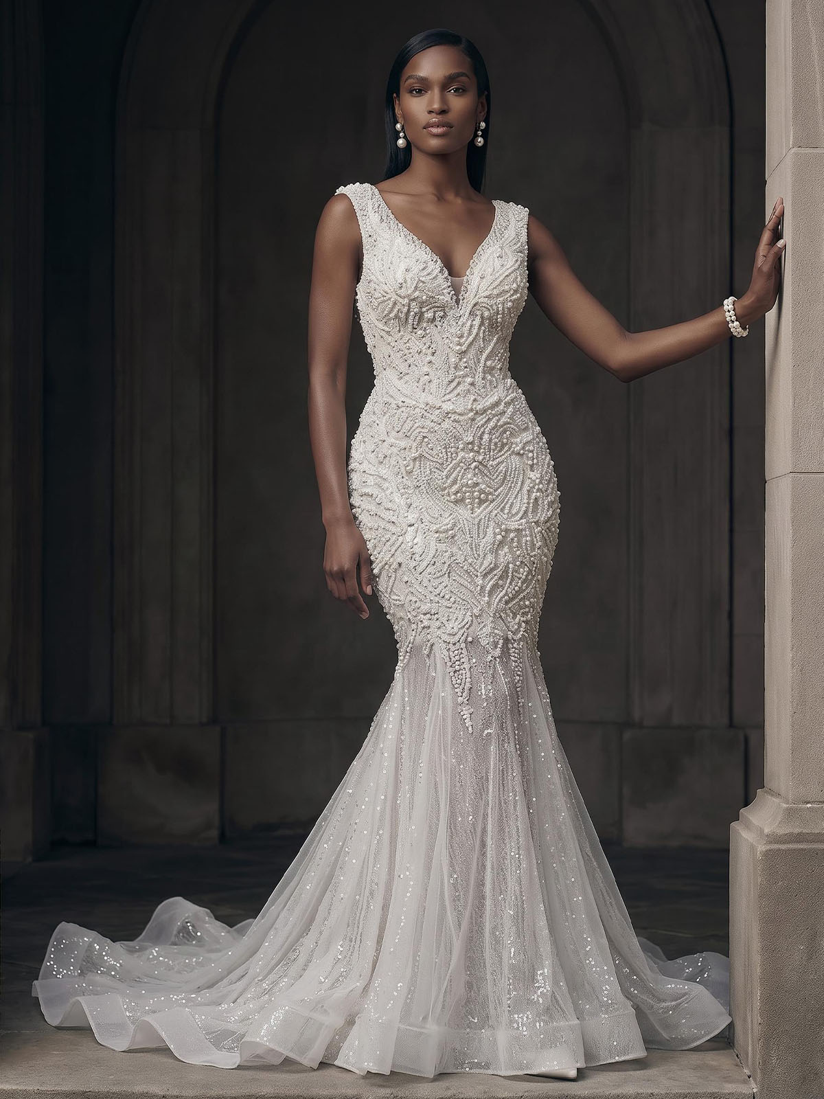 Trumpet/Mermaid V-Neck Sleeveless Chapel Train Satin/Tulle Wedding Dresses With Beading/Lace