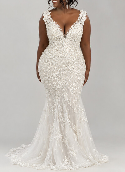 Trumpet/Mermaid V-Neck Sleeveless Chapel Train Satin/Tulle Wedding Dresses With Beading/Lace