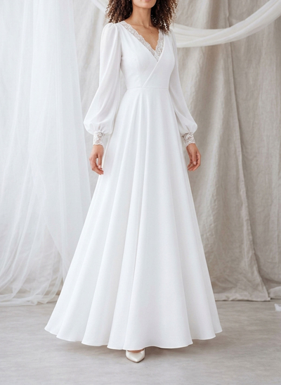 A-Line V-Neck Long Sleeves Floor-Length Chiffon Wedding Dresses With Lace