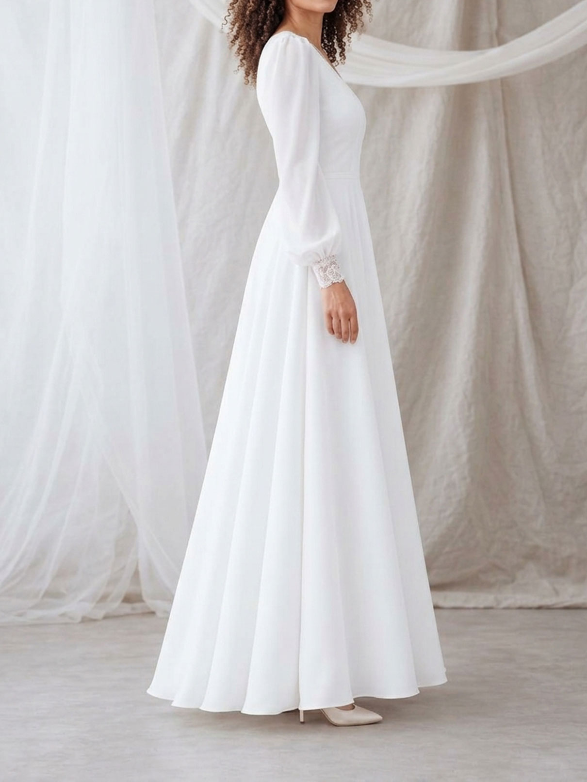 A-Line V-Neck Long Sleeves Floor-Length Chiffon Wedding Dresses With Lace