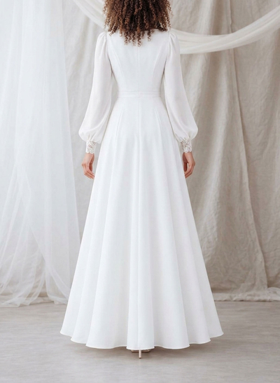 A-Line V-Neck Long Sleeves Floor-Length Chiffon Wedding Dresses With Lace