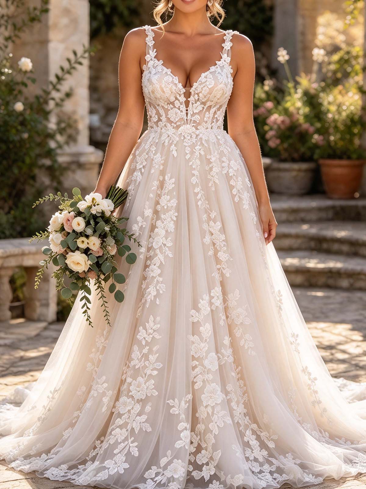 Ball-Gown Plunge Neck Sleeveless Chapel Train Satin/Tulle Wedding Dresses With Appliques Lace