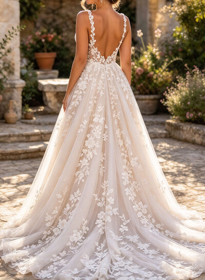 Ball-Gown Plunge Neck Sleeveless Chapel Train Satin/Tulle Wedding Dresses With Appliques Lace