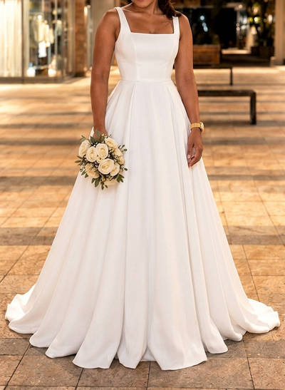 A-Line Square Neckline Sleeveless Court Train Elastic Satin Wedding Dresses With Pleated