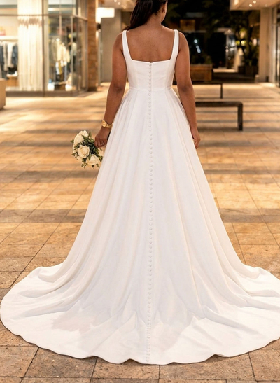 A-Line Square Neckline Sleeveless Court Train Elastic Satin Wedding Dresses With Pleated
