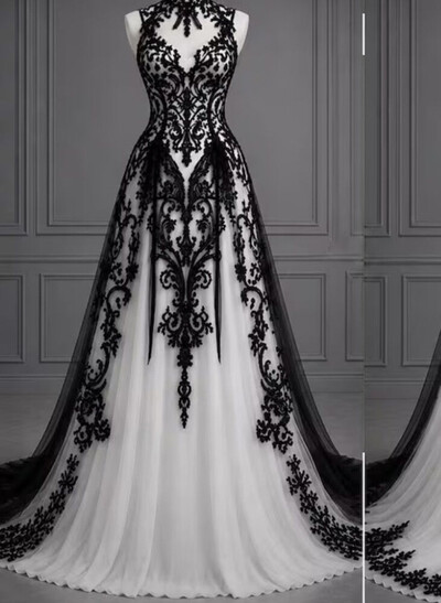 A-Line High Neck Sleeveless Court Train Chiffon/Tulle Wedding Dresses With Lace Appliqué