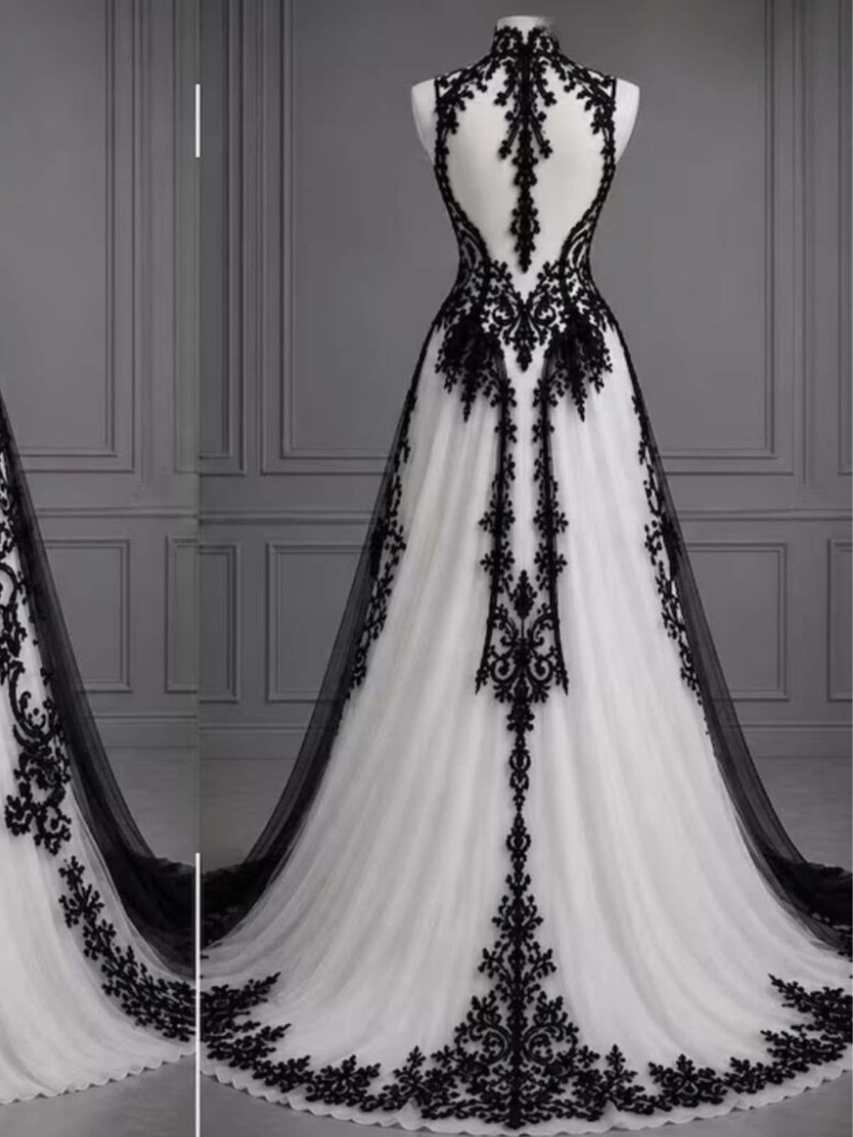A-Line High Neck Sleeveless Court Train Chiffon/Tulle Wedding Dresses With Lace Appliqué