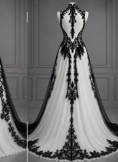 A-Line High Neck Sleeveless Court Train Chiffon/Tulle Wedding Dresses With Lace Appliqué