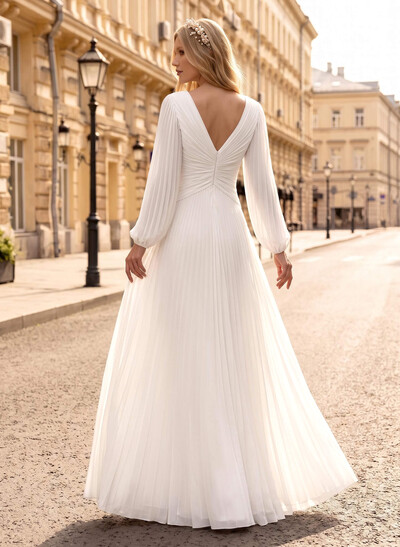 A-Line V-Neck Long Sleeves Floor-Length Chiffon Wedding Dresses With Pleated