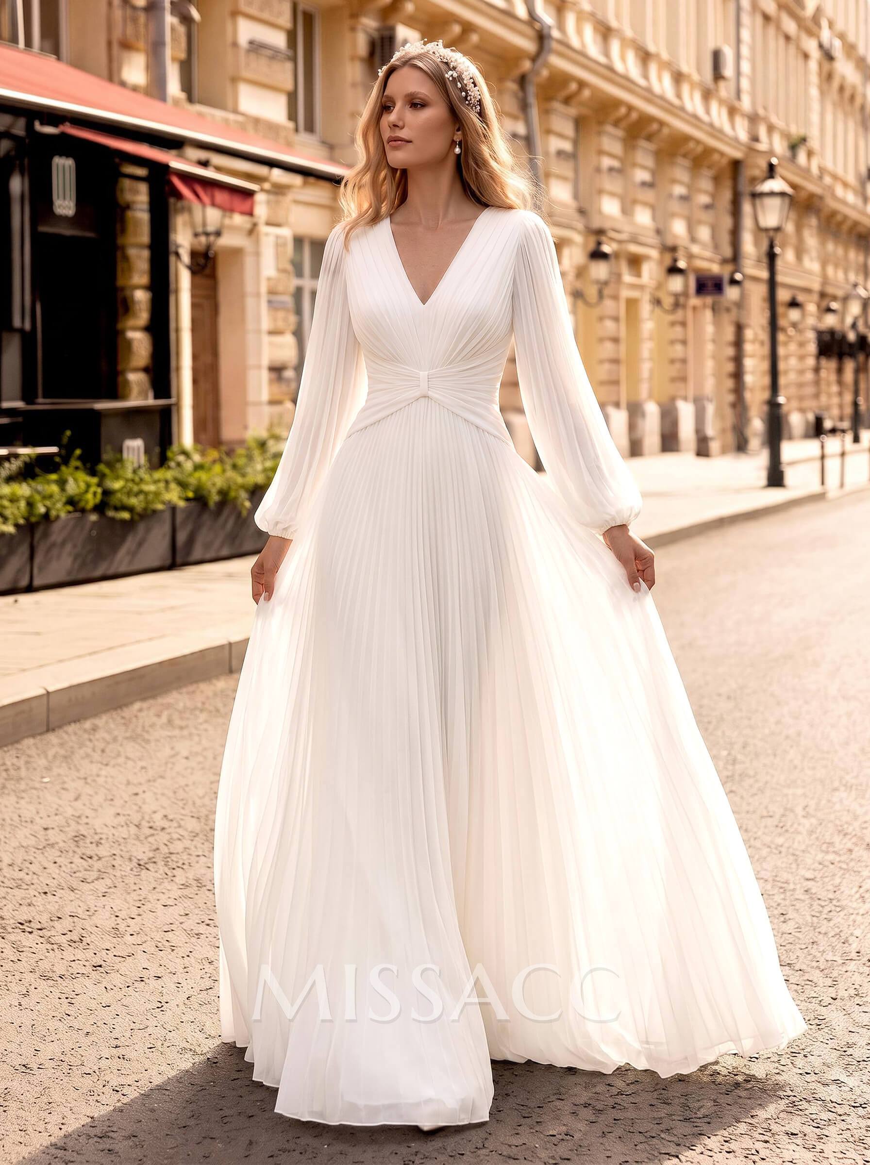 A-Line V-Neck Long Sleeves Floor-Length Chiffon Wedding Dresses With Pleated