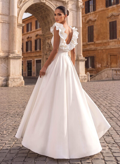 A-Line Plunge Neck Sleeveless Floor-Length Satin Wedding Dresses With Split Front/Shoulder Ruffle