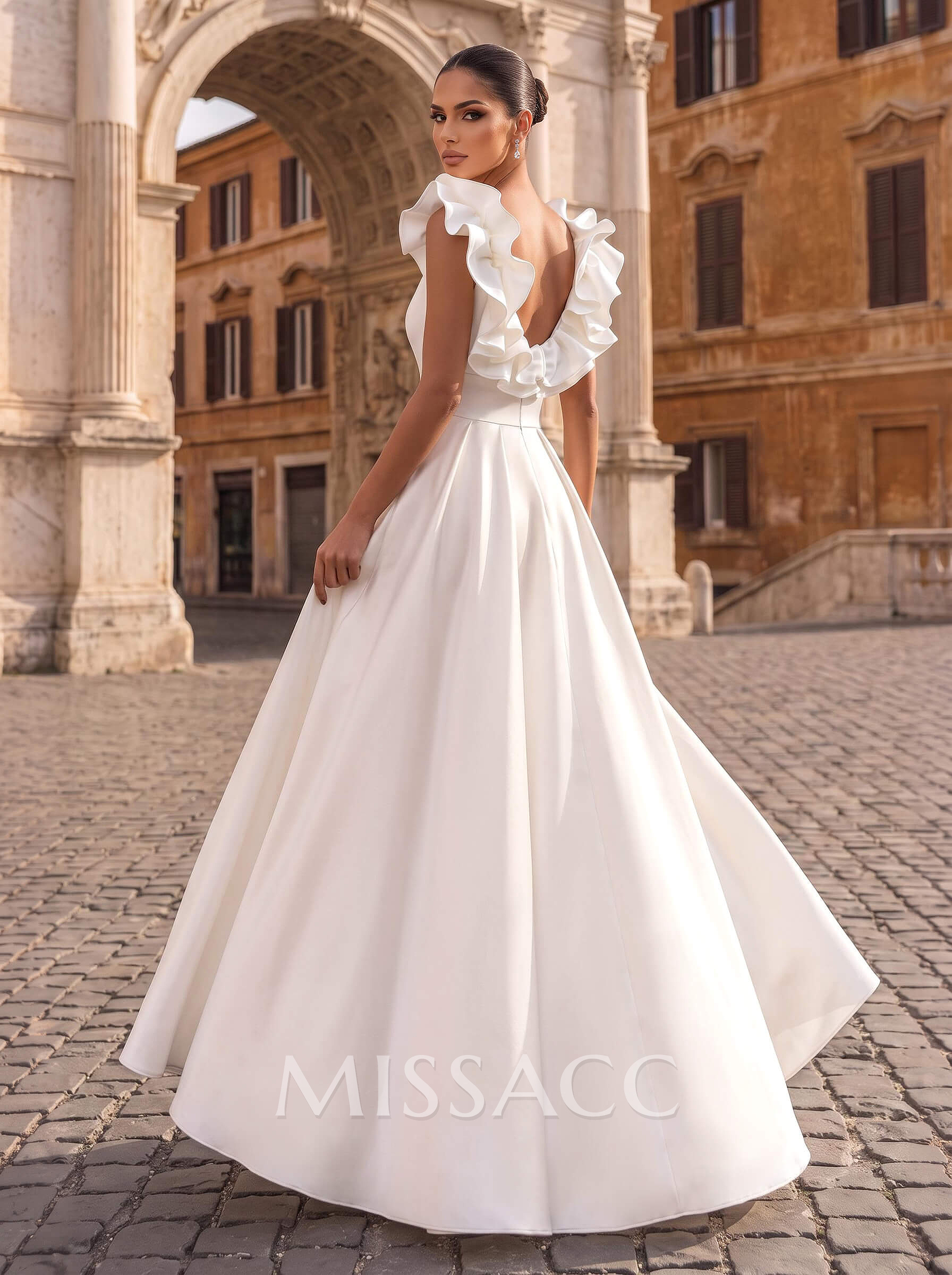 A-Line Plunge Neck Sleeveless Floor-Length Satin Wedding Dresses With Split Front/Shoulder Ruffle