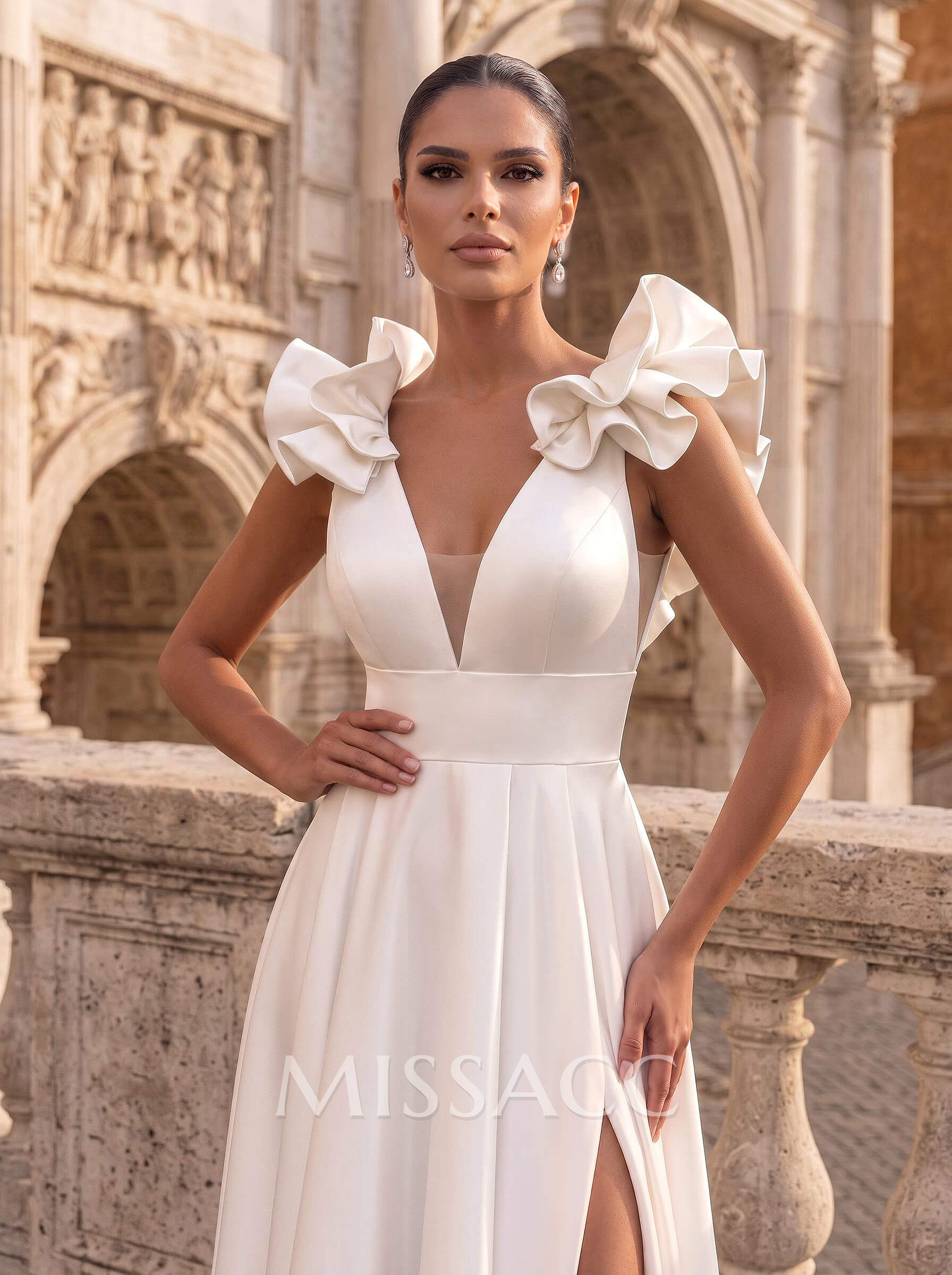 A-Line Plunge Neck Sleeveless Floor-Length Satin Wedding Dresses With Split Front/Shoulder Ruffle