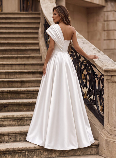 A-Line One-Shoulder Sleeveless Floor-Length Satin Wedding Dresses With High Split
