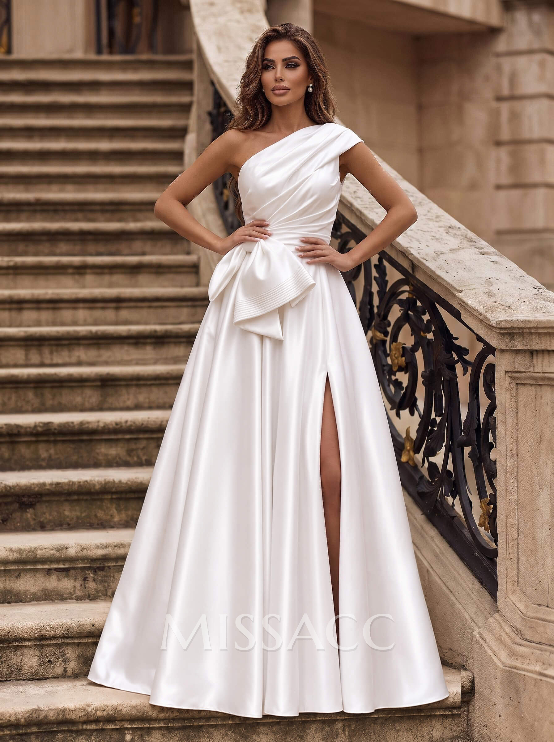 A-Line One-Shoulder Sleeveless Floor-Length Satin Wedding Dresses With High Split