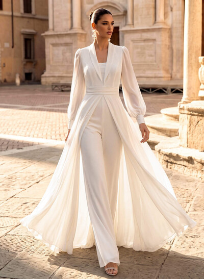 Jumpsuit/Pantsuit V-Neck Long Sleeves Floor-Length Chiffon Wedding Dresses