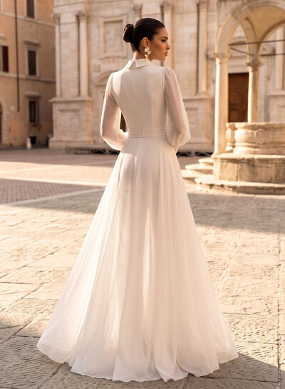 Jumpsuit/Pantsuit V-Neck Long Sleeves Floor-Length Chiffon Wedding Dresses