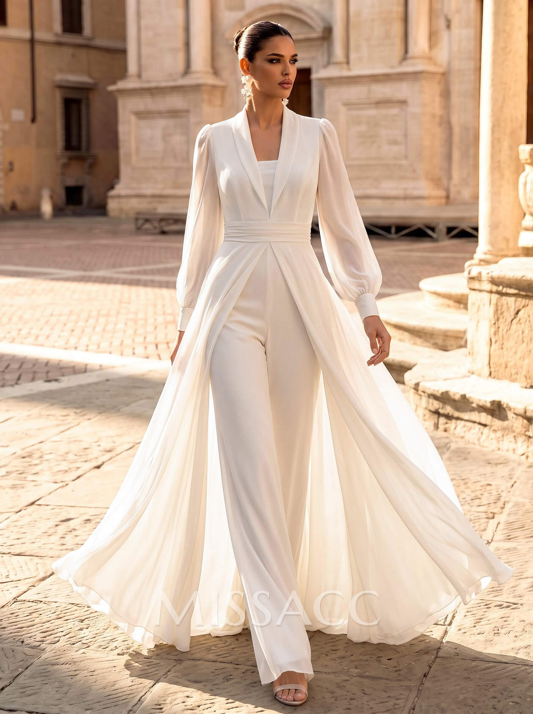 Jumpsuit/Pantsuit V-Neck Long Sleeves Floor-Length Chiffon Wedding Dresses