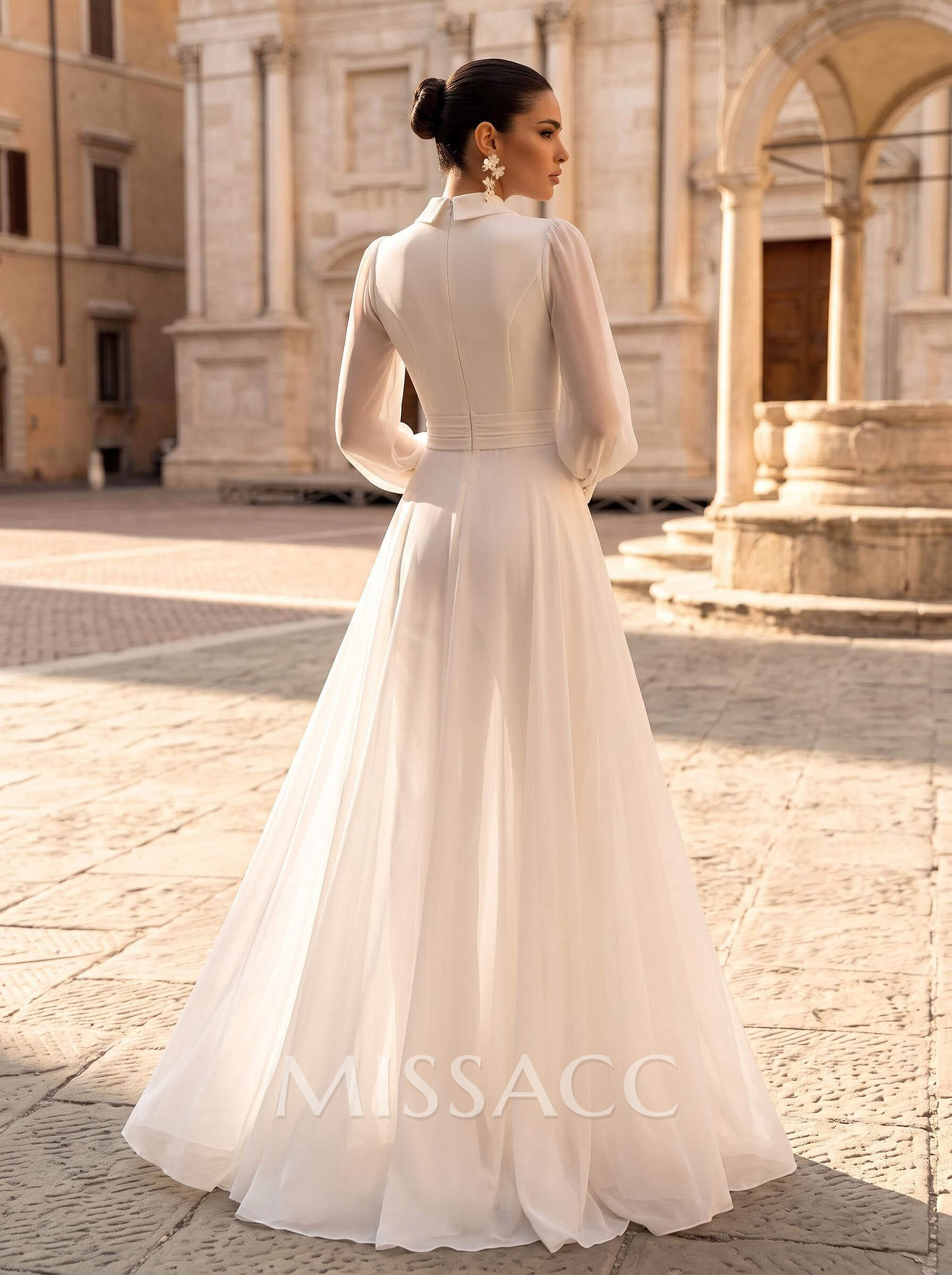 Jumpsuit/Pantsuit V-Neck Long Sleeves Floor-Length Chiffon Wedding Dresses